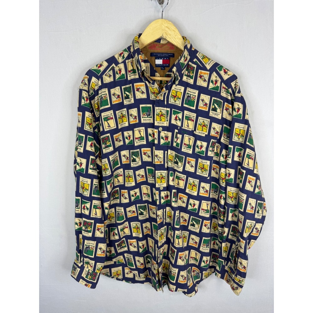 Vintage Tommy Hilfiger Mens Winter ski Sports Postage Stamp Print Button Shirt M